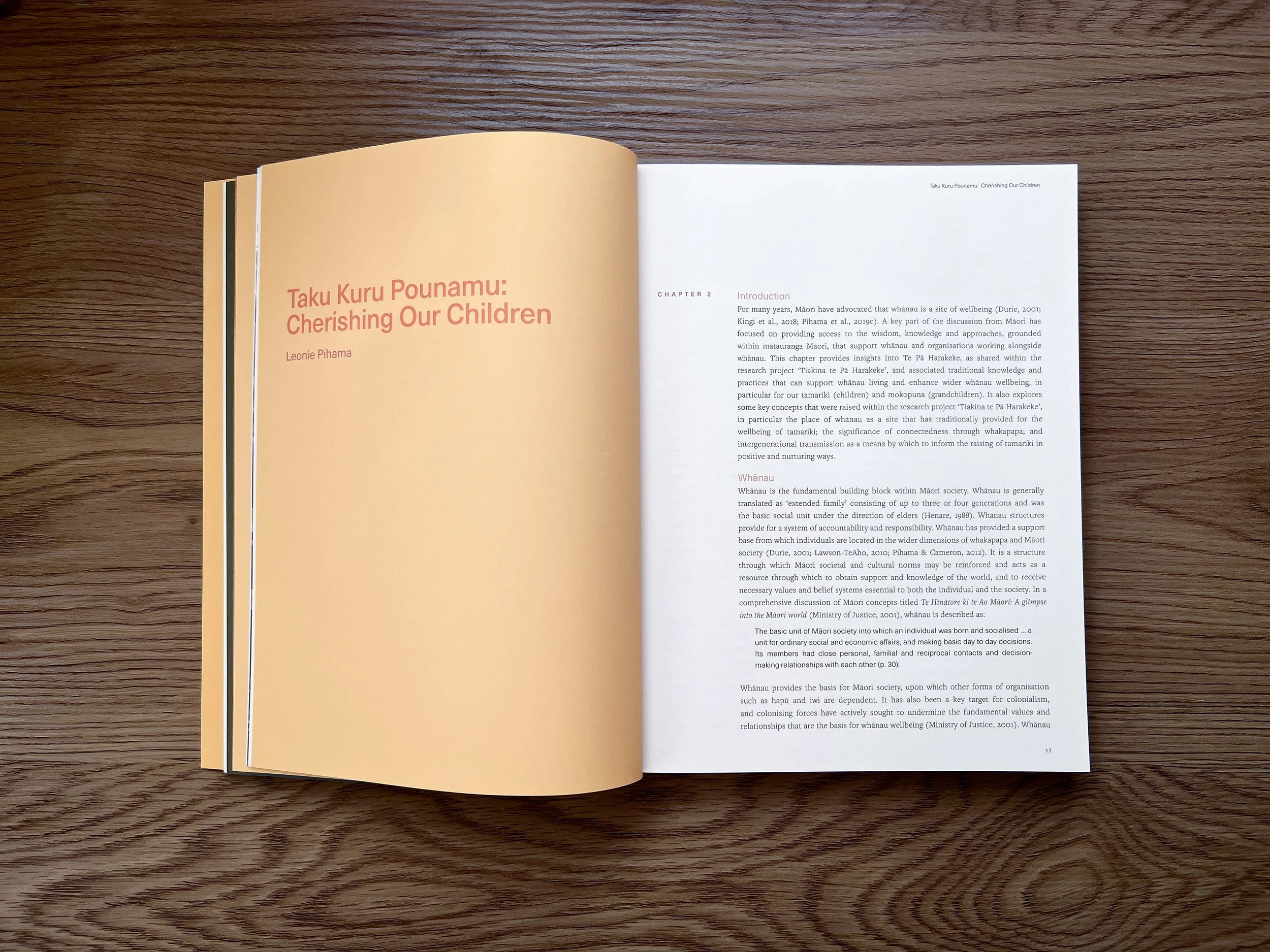 Tiakina te Pā Harakeke book design internal spreads