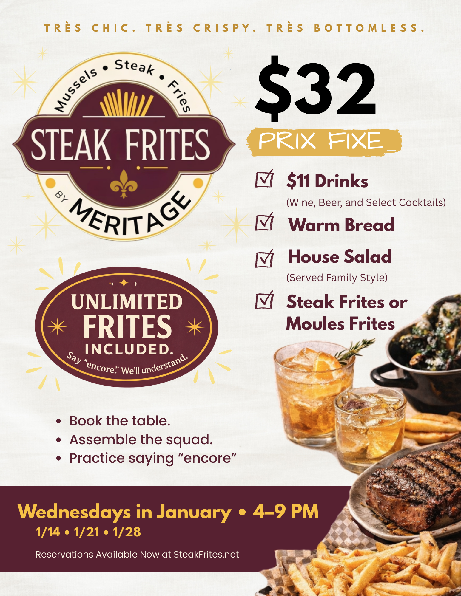 Steak Frites by Meritage - casual bistro pop-up nights, Wednesdays in January. Reserve now.