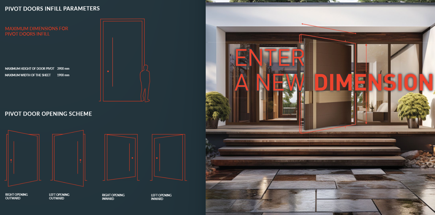 Designs and parameters for pivot doors, including maximum dimensions for height (3900 mm) and width (1900 mm), and various opening schemes such as right outward, left outward, right inward, and left inward. The right side shows a modern sliding glass door with steps leading to a porch and large potted plants, with the words "ENTER A NEW DIMENSION" overlaid in red.