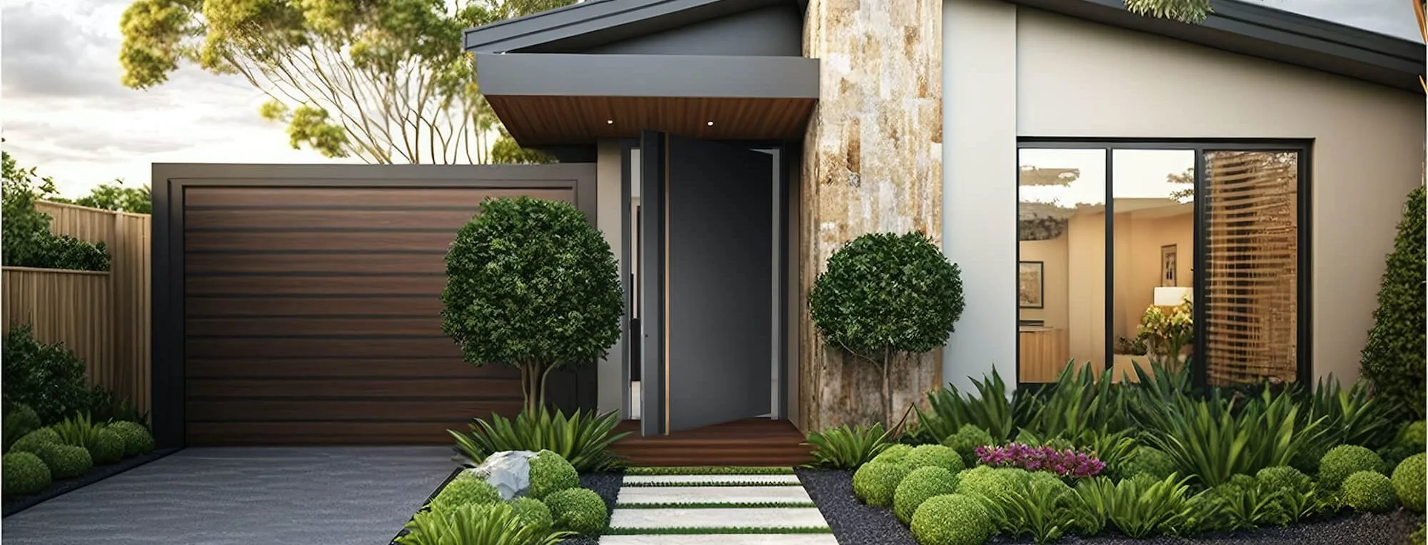 Modern house entrance with wooden door, small trees, and lush green plants