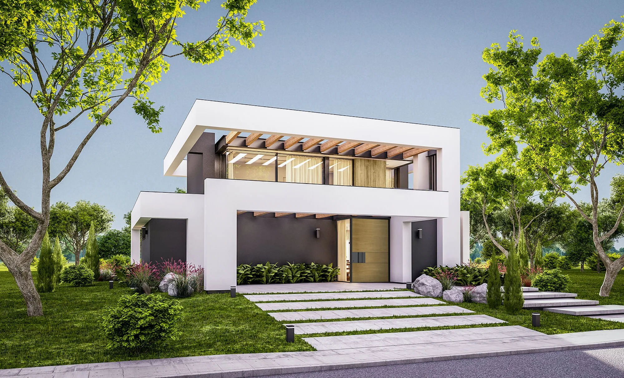 Modern two-story house with a white and dark gray exterior, surrounded by green trees and landscaped yard, with a paved walkway leading to the entrance under a large overhang.