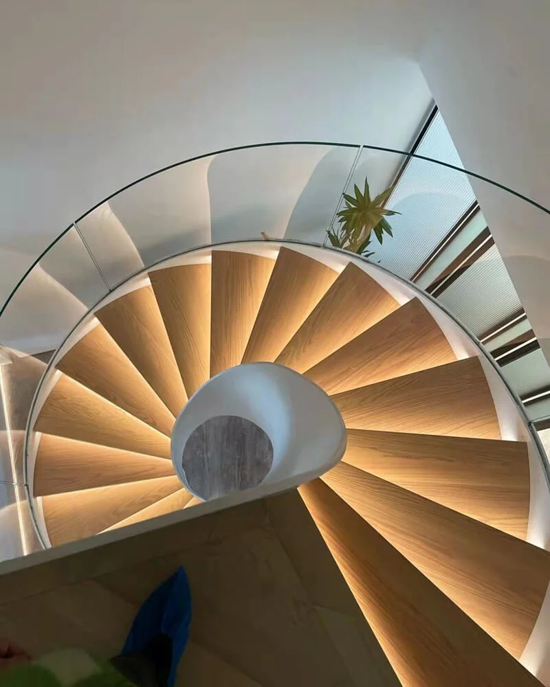 Top-down view of a spiral staircase with wooden steps and glass railing, with a plant near the window.