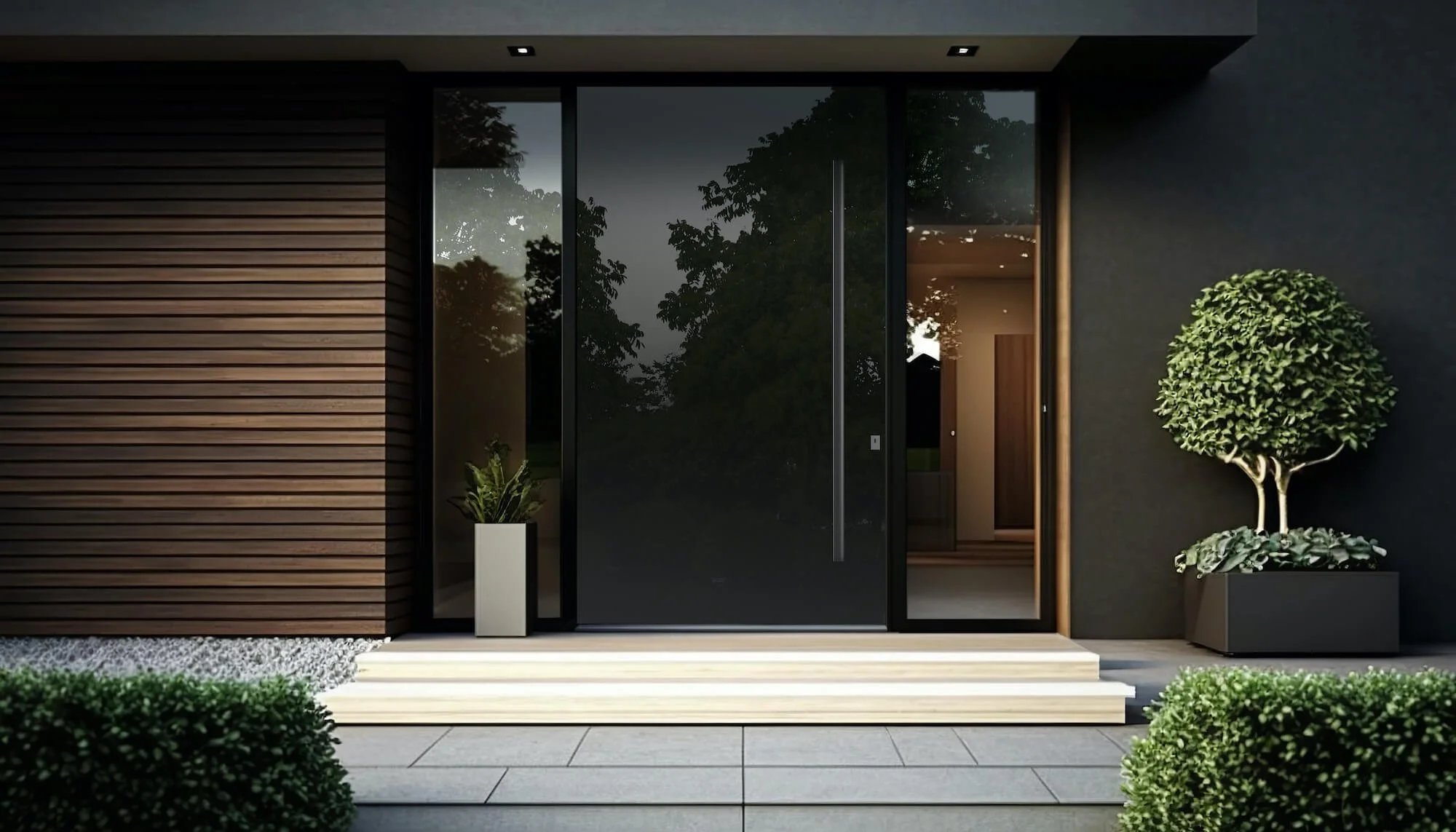 Modern house entrance with sliding glass door, wooden siding on the left, potted plants on both sides, and a small set of steps leading to the door.