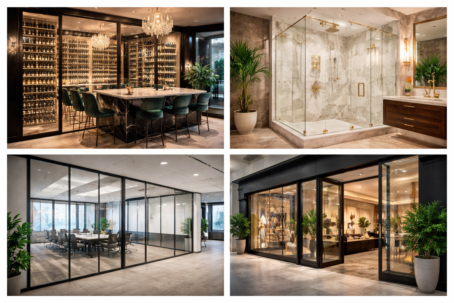 Collage of four images showing luxurious interior spaces, including a wine cellar with a marble table and green chairs, a modern bathroom with a marble shower and plants, a conference room with glass walls and a large table, and an office with glass walls and plants.