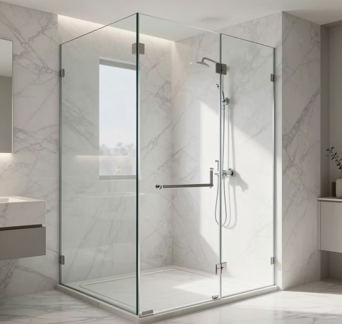 Modern glass shower enclosure in a marble-tiled bathroom with a large window, showerhead, handheld shower, and a built-in niche.