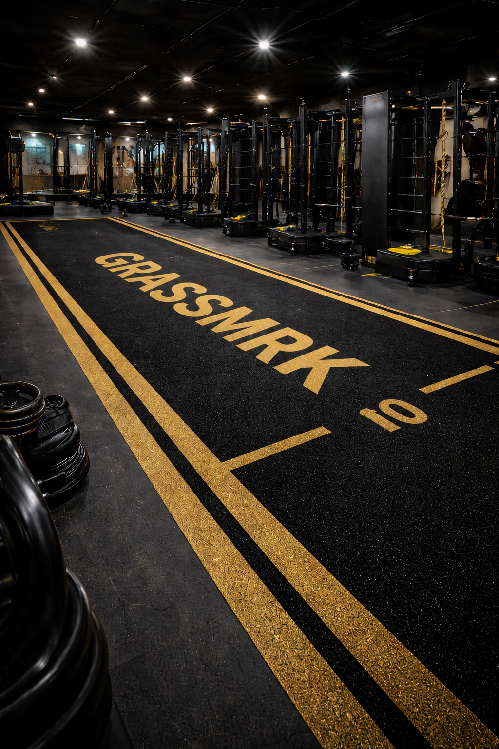 Empty gym with black and yellow gym equipment and a large black mat with yellow border and the word "GREASMIRK" and the number 10 on it.