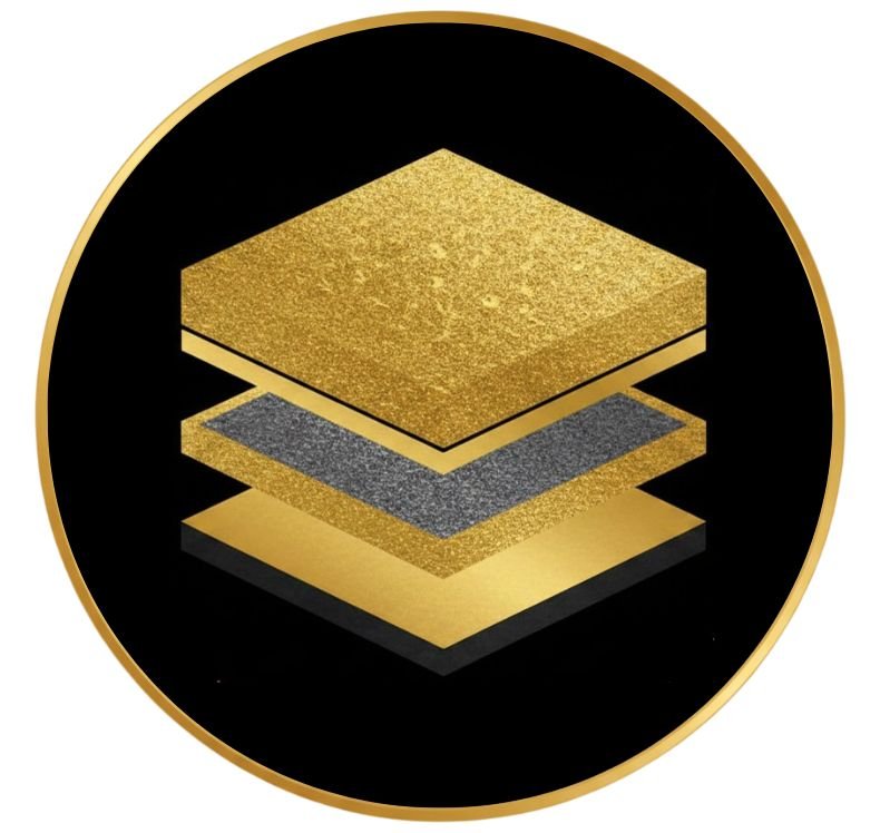 A circular emblem with a black background and a gold border, featuring four stacked layers of different textures and colors, including gold, silver, and black.