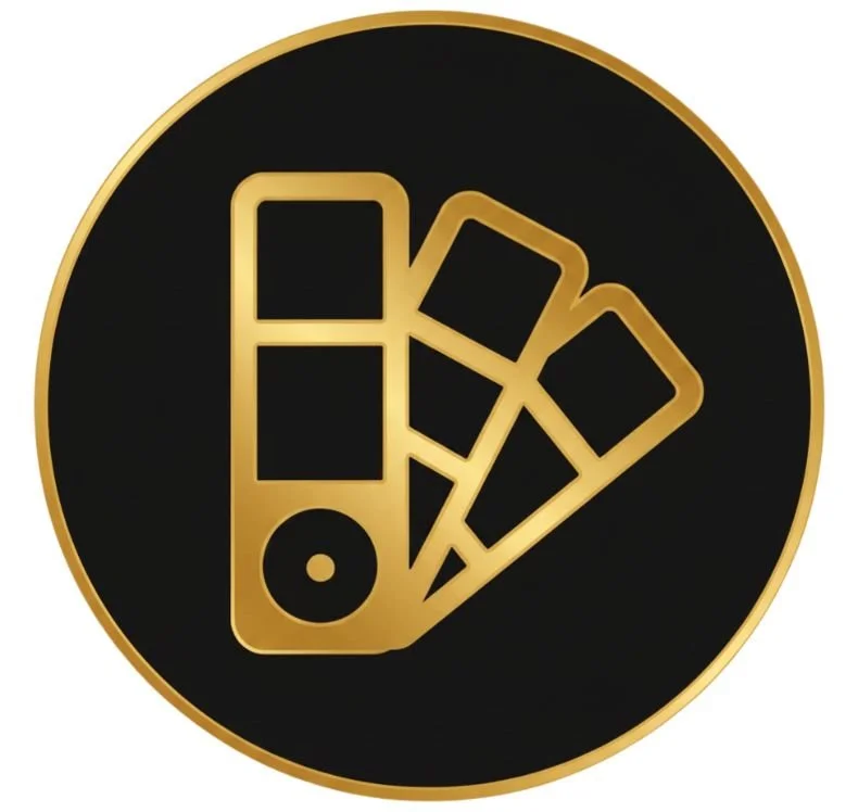 Gold-colored icon of a digital music player and three color swatches on a black circular background with a gold border.