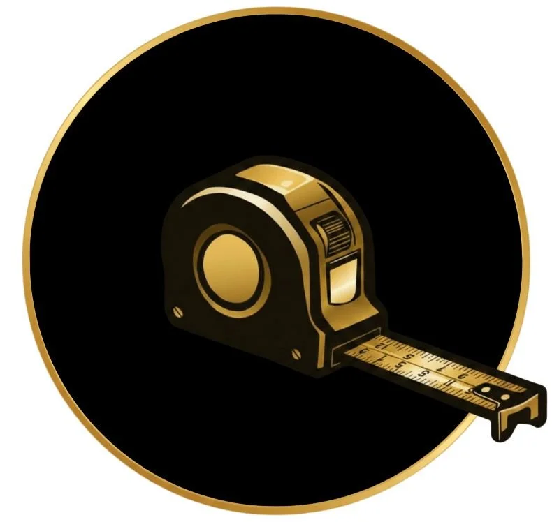 A black and gold tape measure with the tape extended.