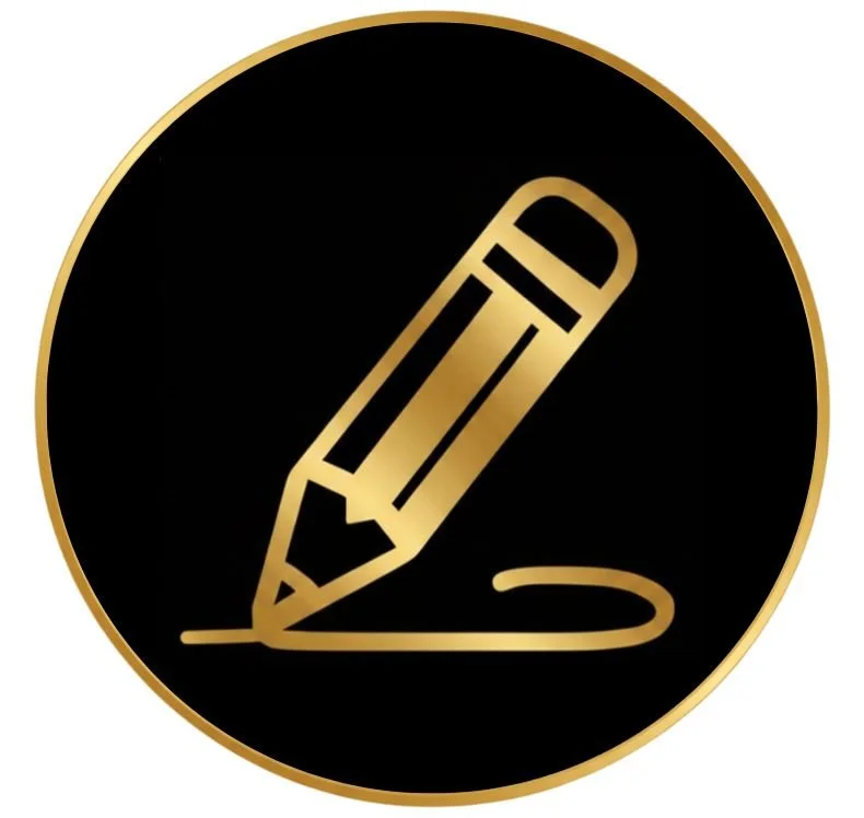 Gold icon of a pencil writing on paper inside a black circle with gold border.