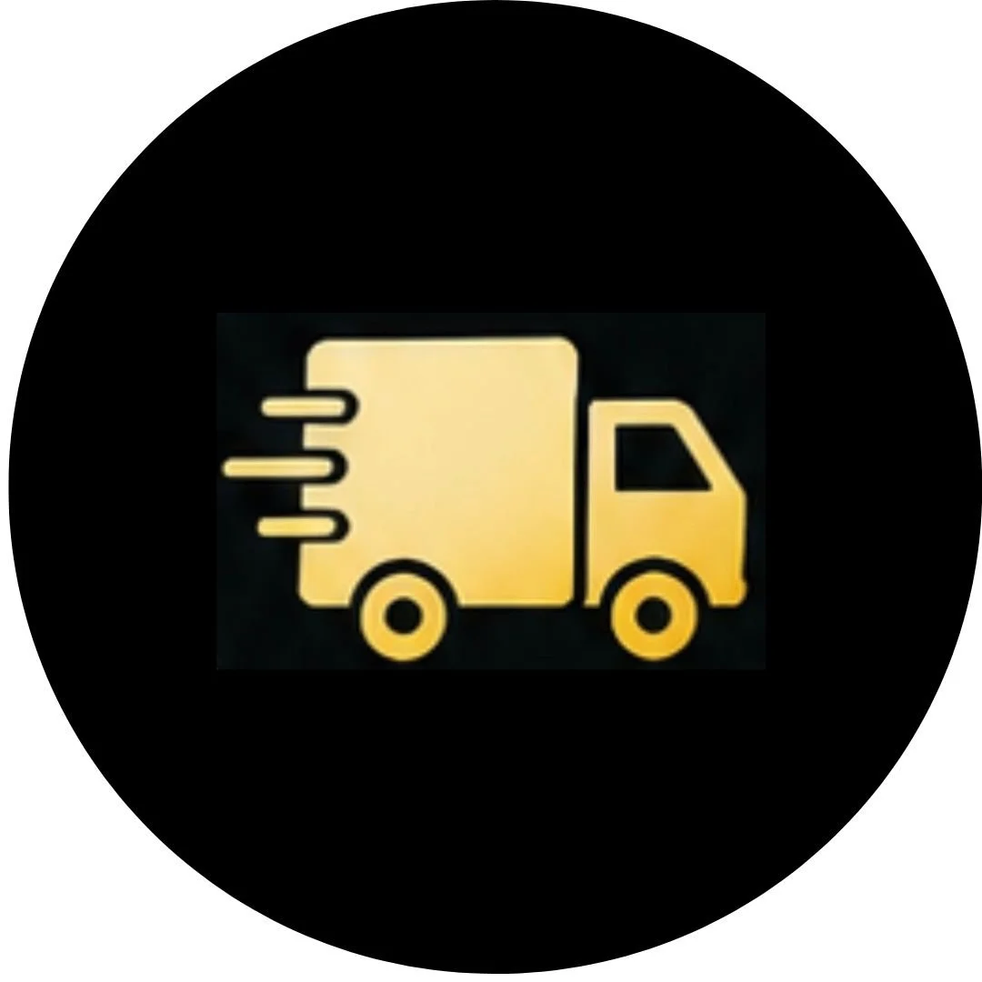 Gold delivery truck icon with speed lines on black background.