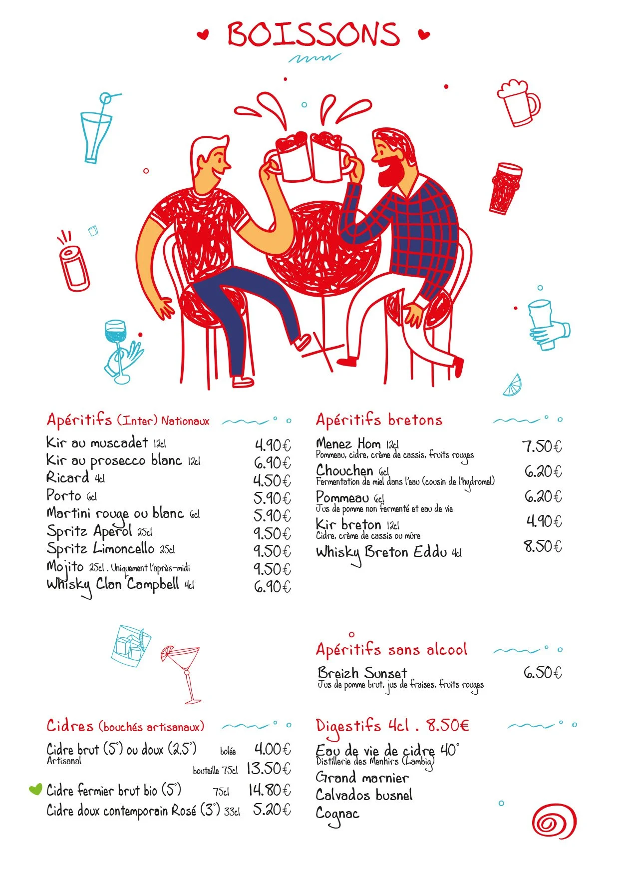 Une illustration amusante de deux personnes tenant des verres de bière, avec des dessins de bouteilles, verres et autres boissons autour. En dessous, une liste de différentes boissons alcoolisées et sans alcool avec leurs prix.