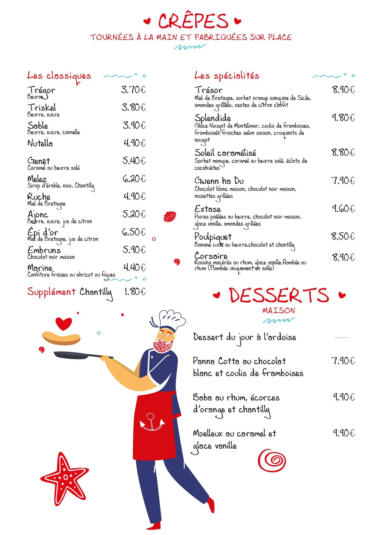 Menu de crêpes, galettes et desserts, avec sections pour classiques, spécialités, suppléments et desserts maison, accompagnée d'une illustration d'un chef de cuisine qui tourne une crêpe.