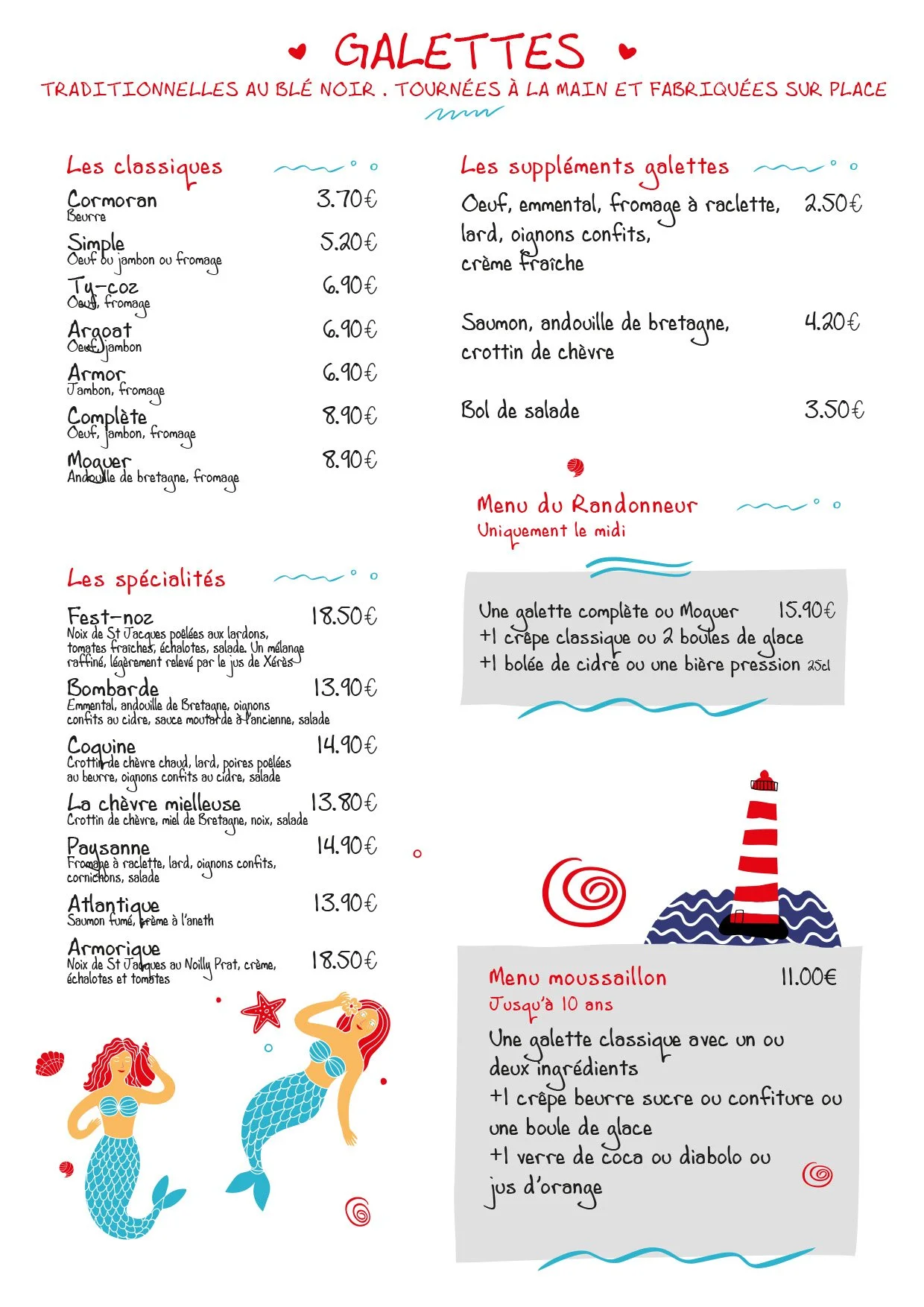 Menu de galettes bretonnes, comprenant différentes options classiques, spécialités, accompagnements, ainsi que des menus pour le randonneur, le mouissallon et des galettes à la main, avec illustrations de sirènes et un phare.