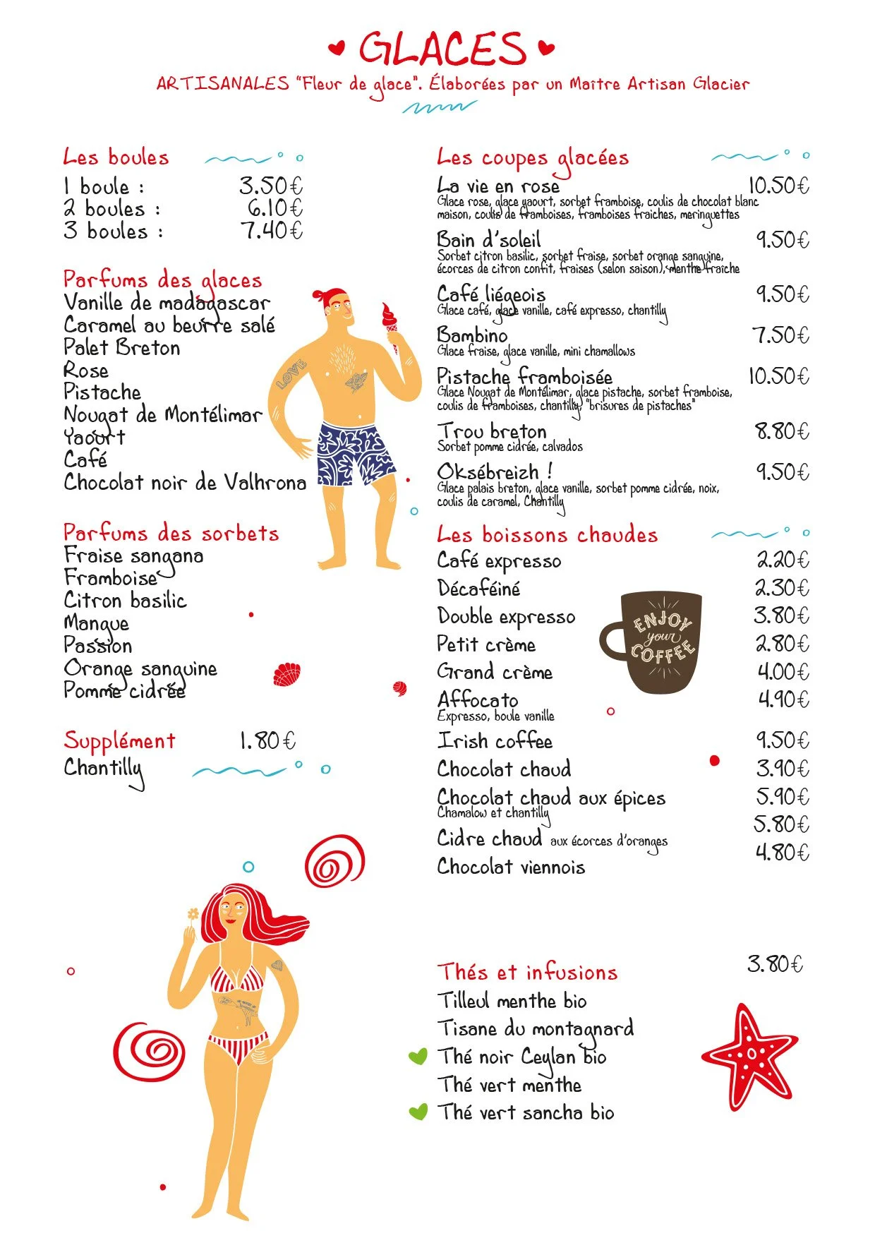 Menu de glaces artisanales avec différentes saveurs, coupes glacées, sorbets, boissons chaudes, et thés, décoré avec des illustrations de plages et de vacanciers.