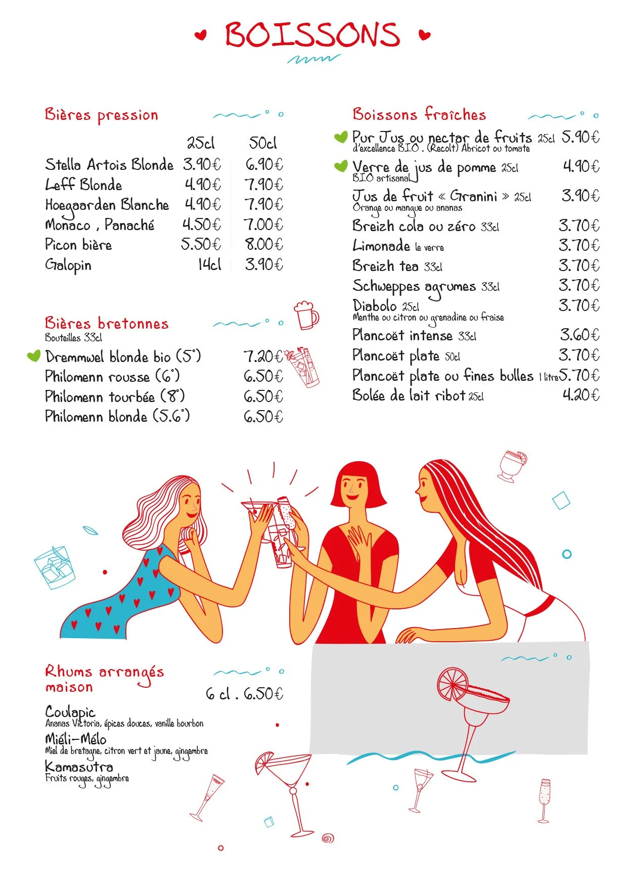 Menu de boissons avec sections de bières pression, bières bretonnes, boissons fraîches, rhums arrangés maison, et illustrations de femmes trinquant et de divers cocktails.
