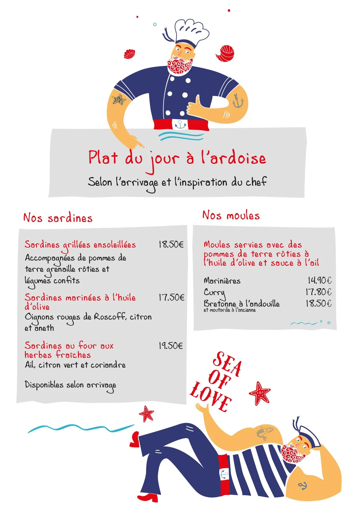 Une illustration de deux chefs de cuisine déguisés en marins avec des tatouages, entourés d'éléments liés à la mer, et un menu de plats de sardines et moules à la hollandaise, avec des prix.