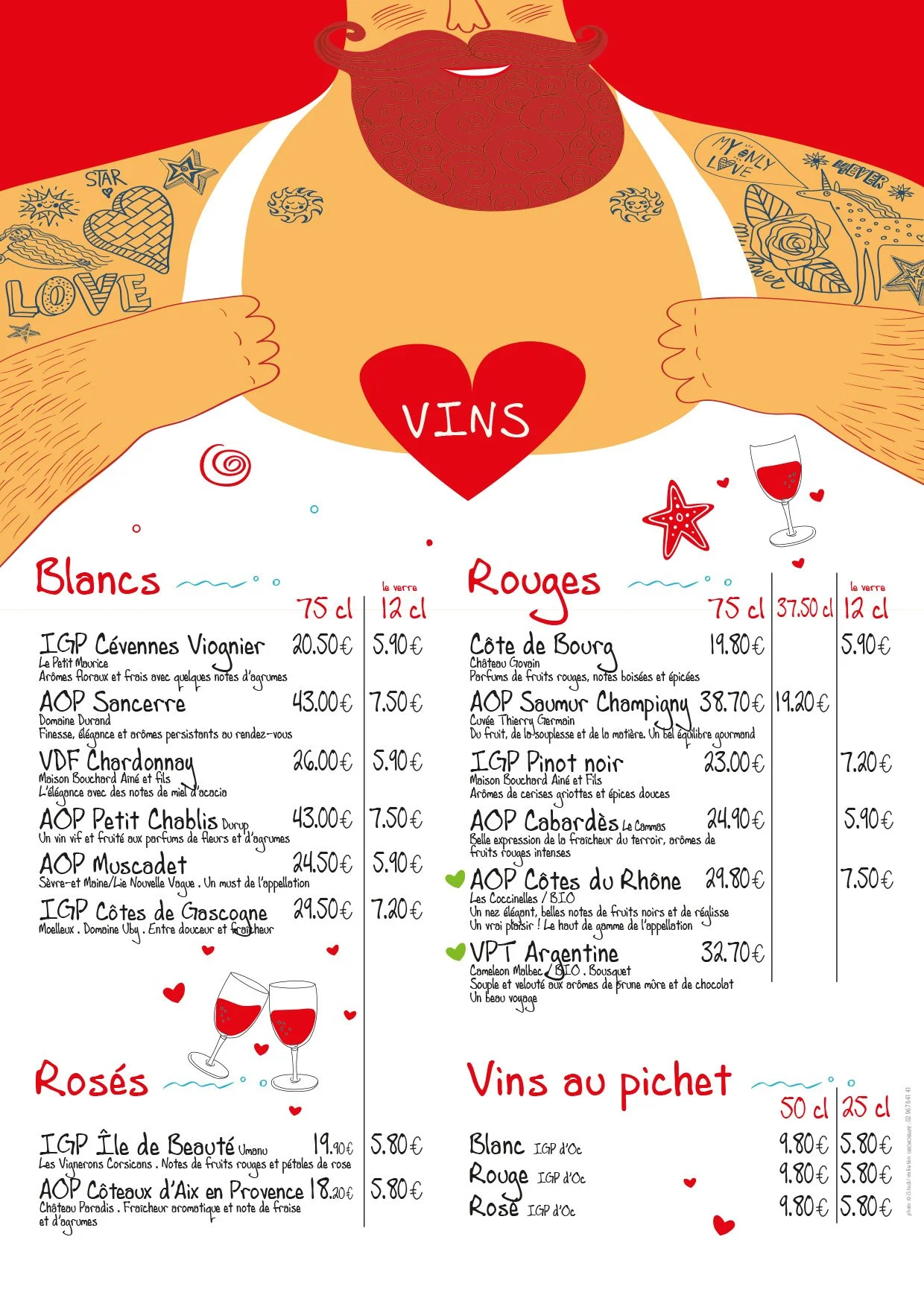 Menu de vins avec différentes sections pour vins blancs, rouges, rosés, vins au pichet, et une sélection de vins par verre, décoré de dessins de cœurs et de verres de vin.