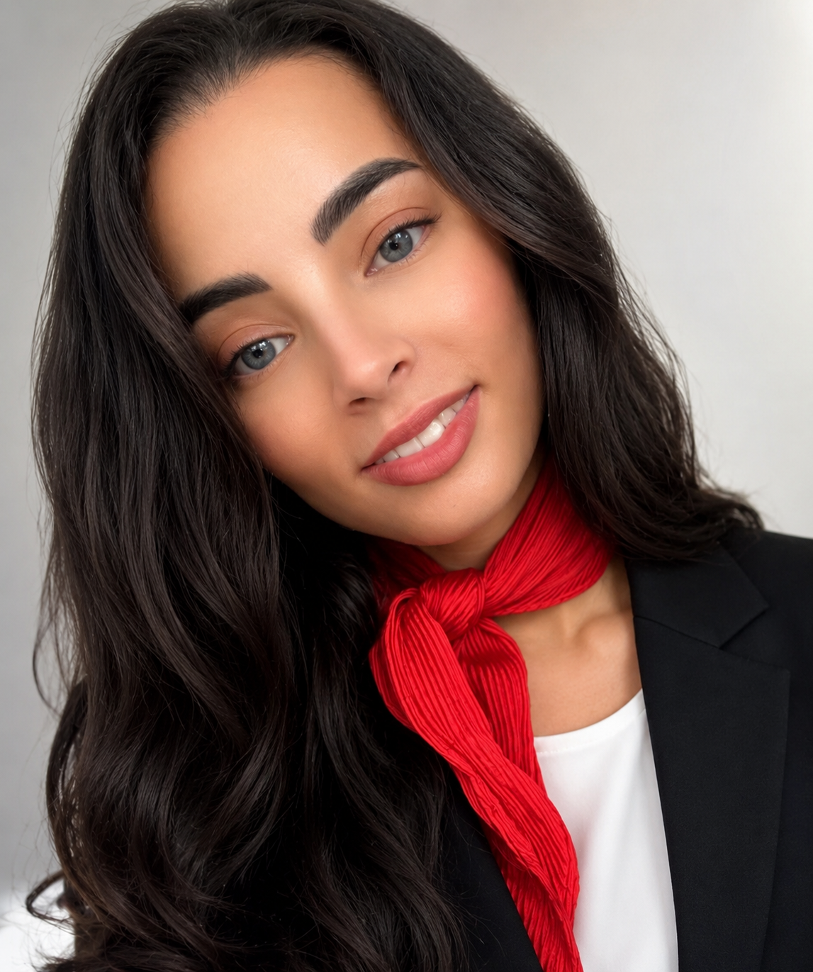 Junge Frau mit langen dunkelbraunen Haaren, blauen Augen, rotem Halstuch, schwarzem Blazer und weißem Hemd, lächelt leicht.