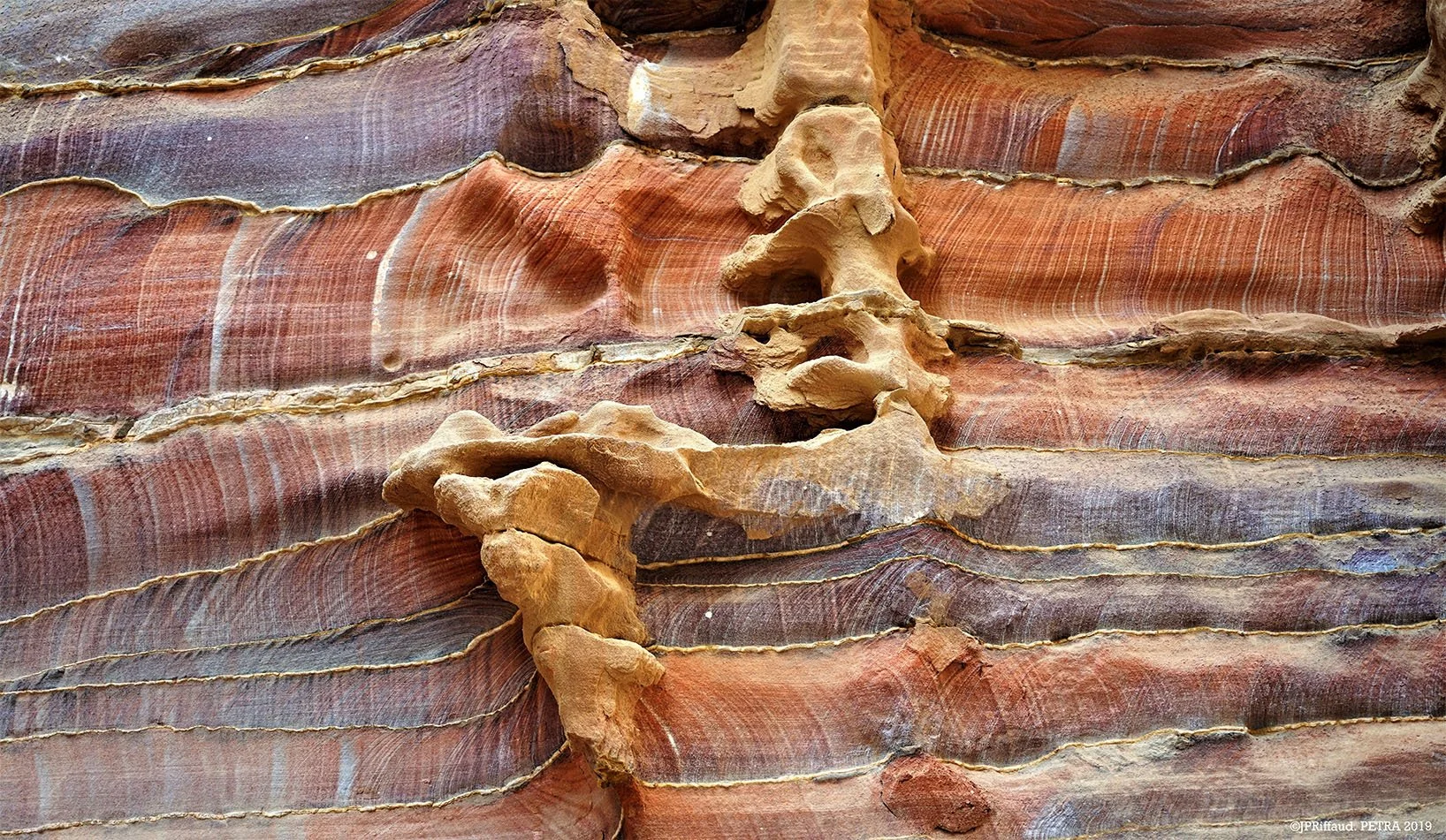 Grosses couches de roche rougeâtres et marron avec lignes blanches minérales, avec formations rocheuses en forme d'empreintes ou sculptures en relief.