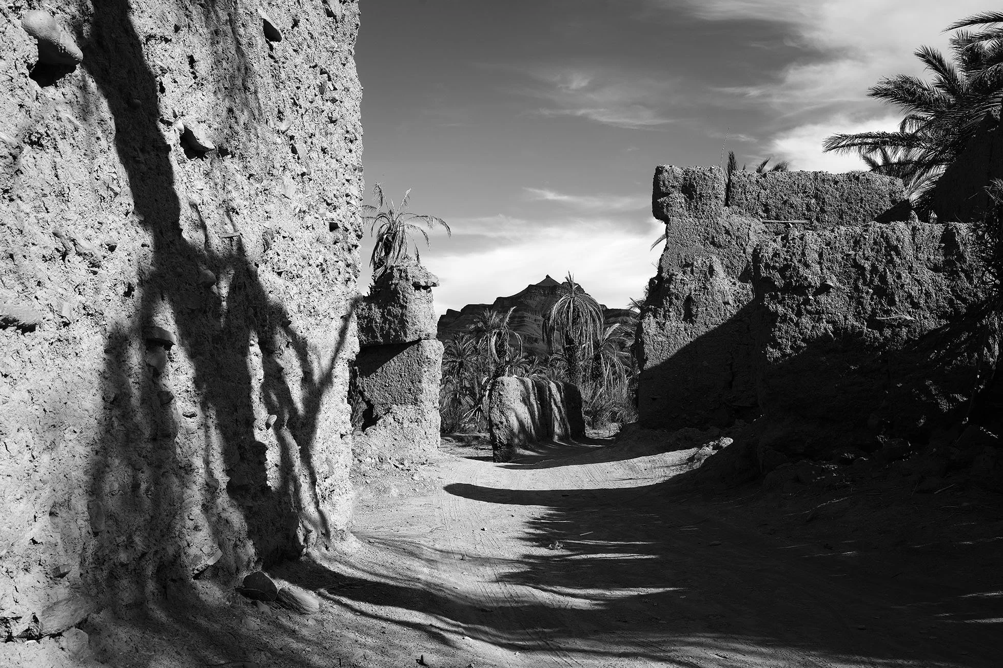 Un chemin poussiéreux entre des ruines en pierre avec des palmiers au fond, en noir et blanc.