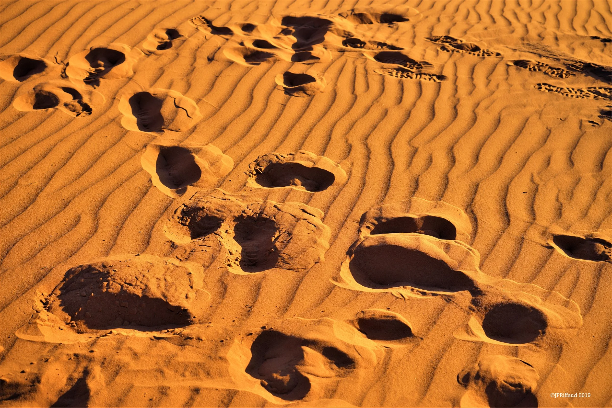 Empreintes de pas dans le sable du désert avec des dunes orangées.