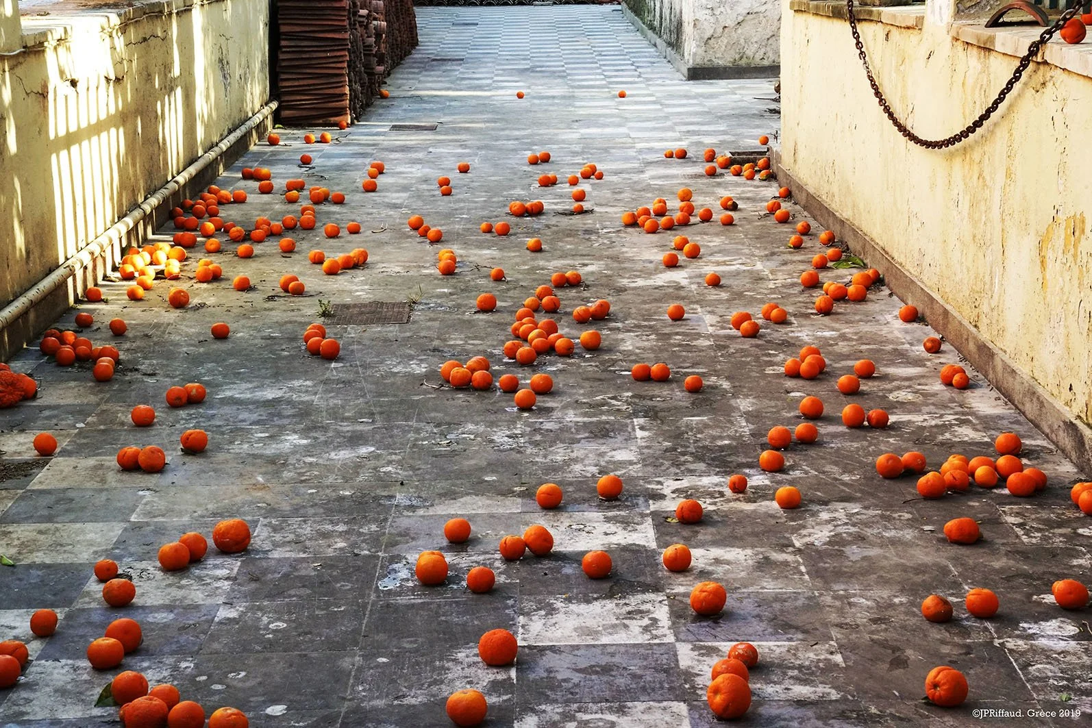 Une allée en pierre avec de nombreuses oranges dispersées au sol, entourée de murs en béton avec chaînes accrochées à droite.