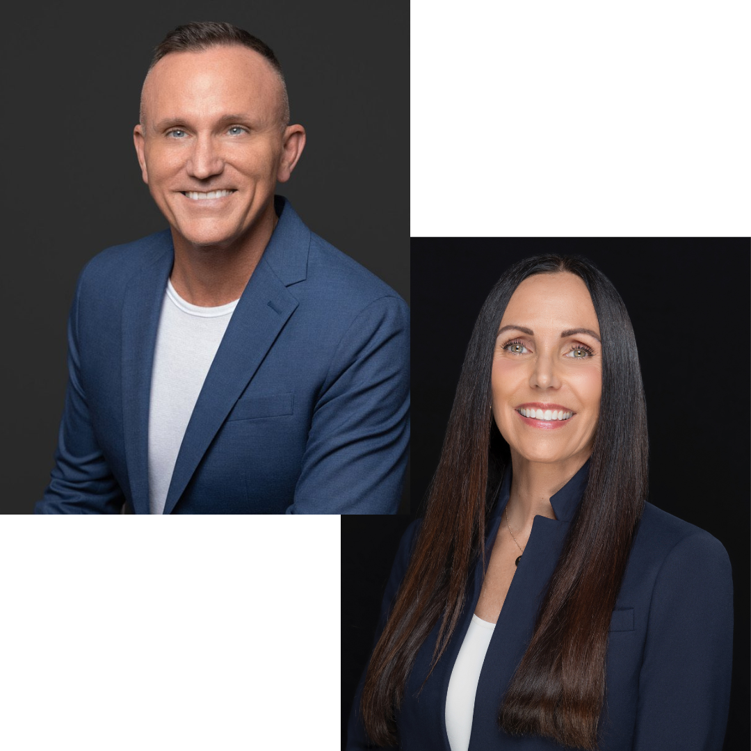 Professional headshots of a man with short hair and a woman with long brown hair, both wearing suits, against dark backgrounds.