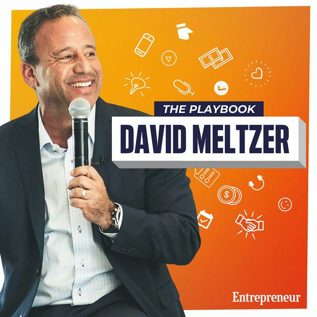 Photo of David Meltzer sitting with a microphone, smiling, in front of a bright orange background with various white icons related to business and entrepreneurship, promoting his book titled 'The Playbook' and labeled as for entrepreneurs.