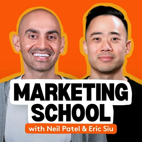 Smiling man with a shaved head and a man with short black hair standing side by side against an orange background, promoting a marketing school with Neil Patel and Eric Siu.
