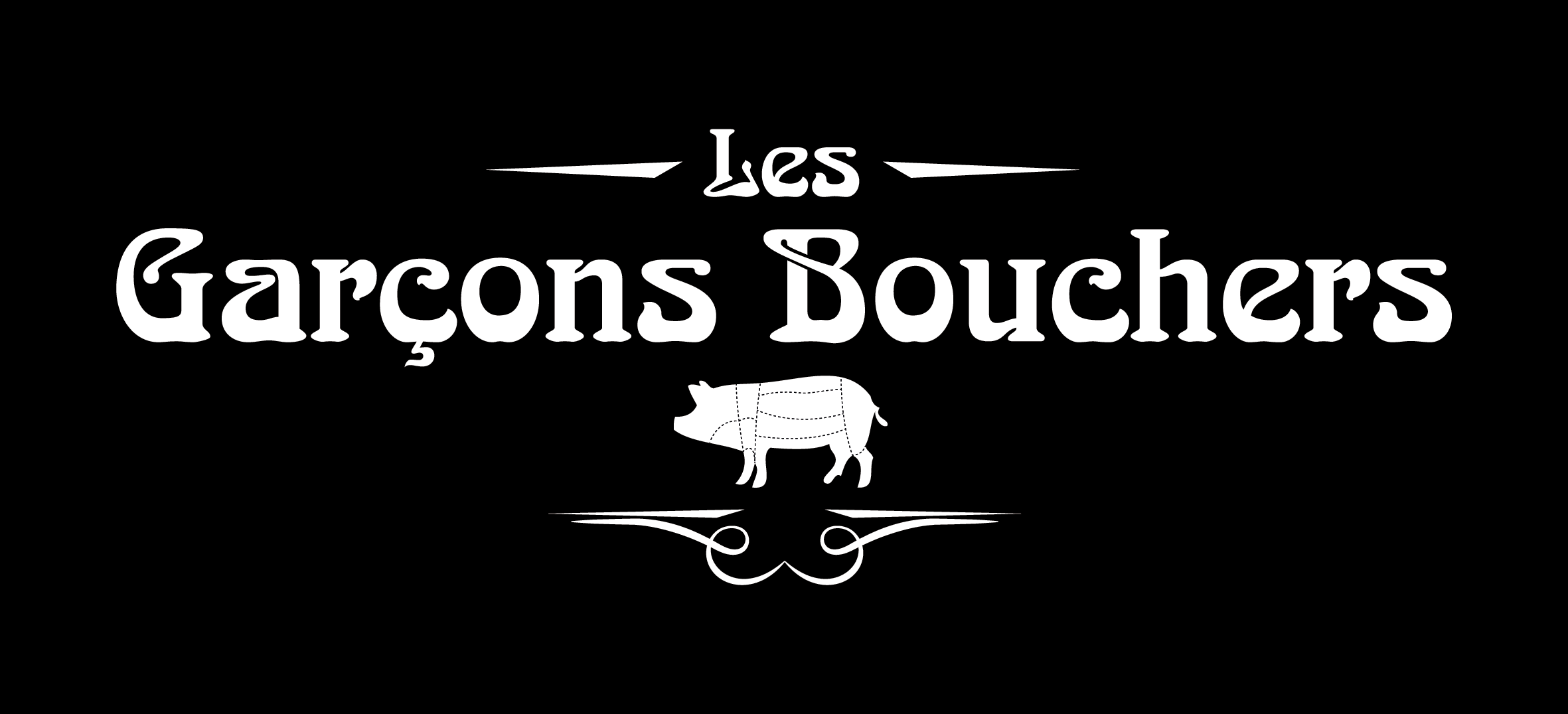 Logo en noir et blanc avec le texte 'Les Garçons Bouchers' et une illustration d'un cochon stylisé en dessous.