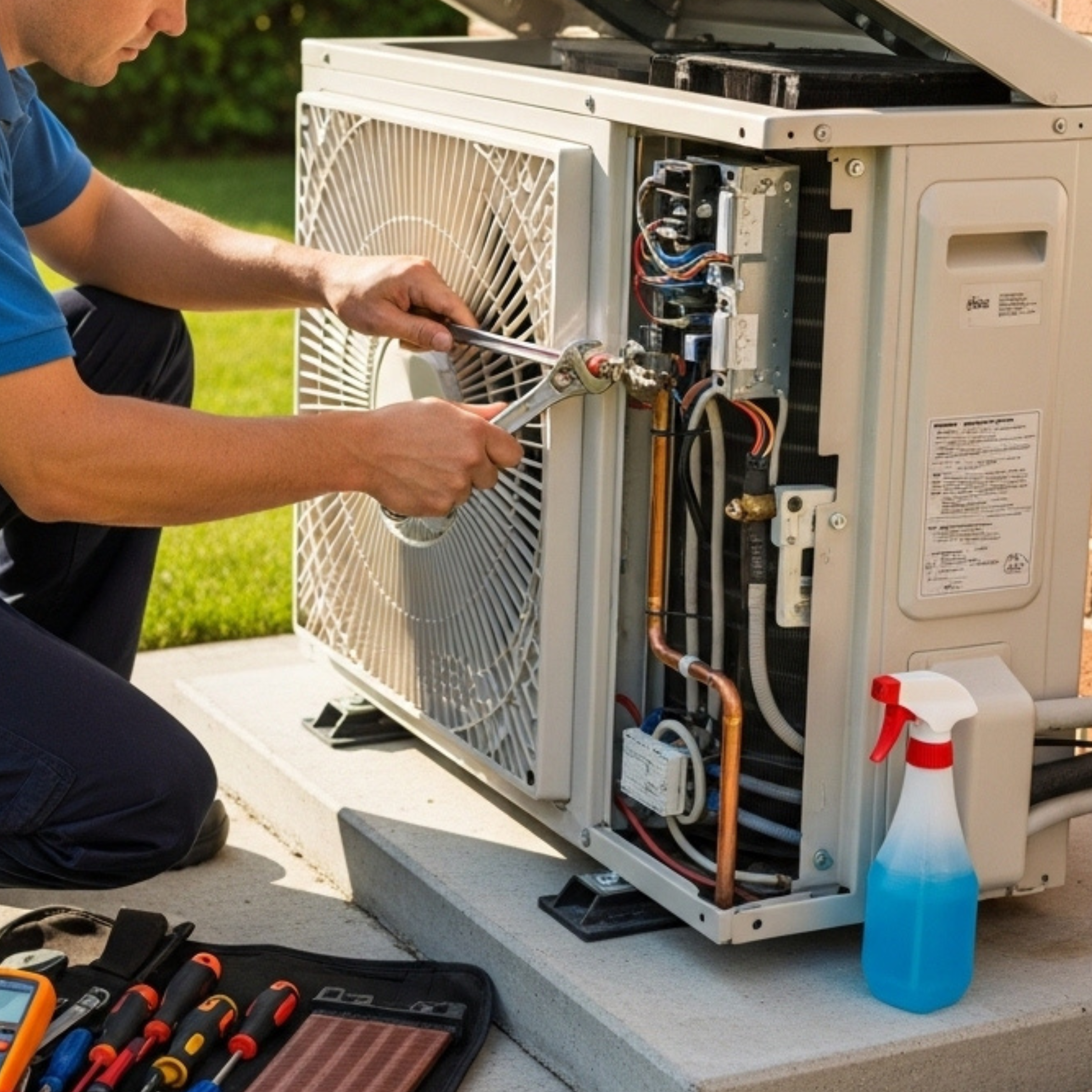 Technician repairing an outdoor air conditioning unit with tools, spray bottle, and a toolkit visible nearby.
