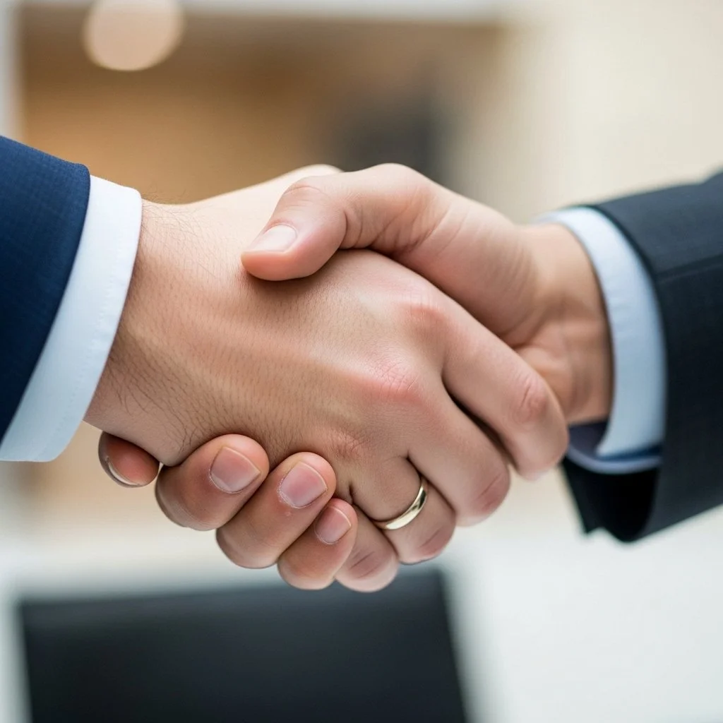 Close-up of two people shaking hands, both wearing business suits.
