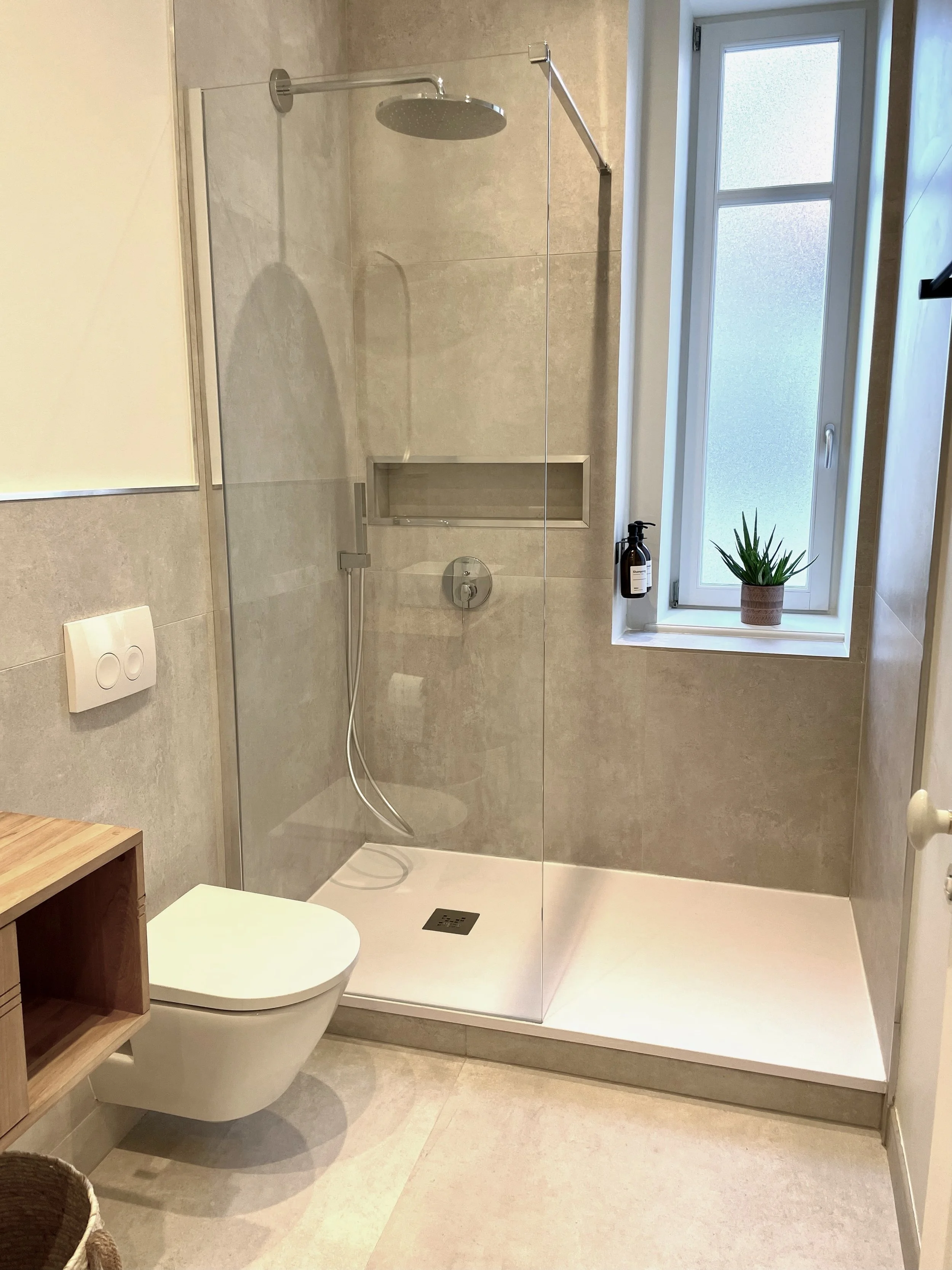 Salle de bain moderne avec douche à l'italienne, wc suspendu, fenêtre avec une plante verte et un distributeur de savon.