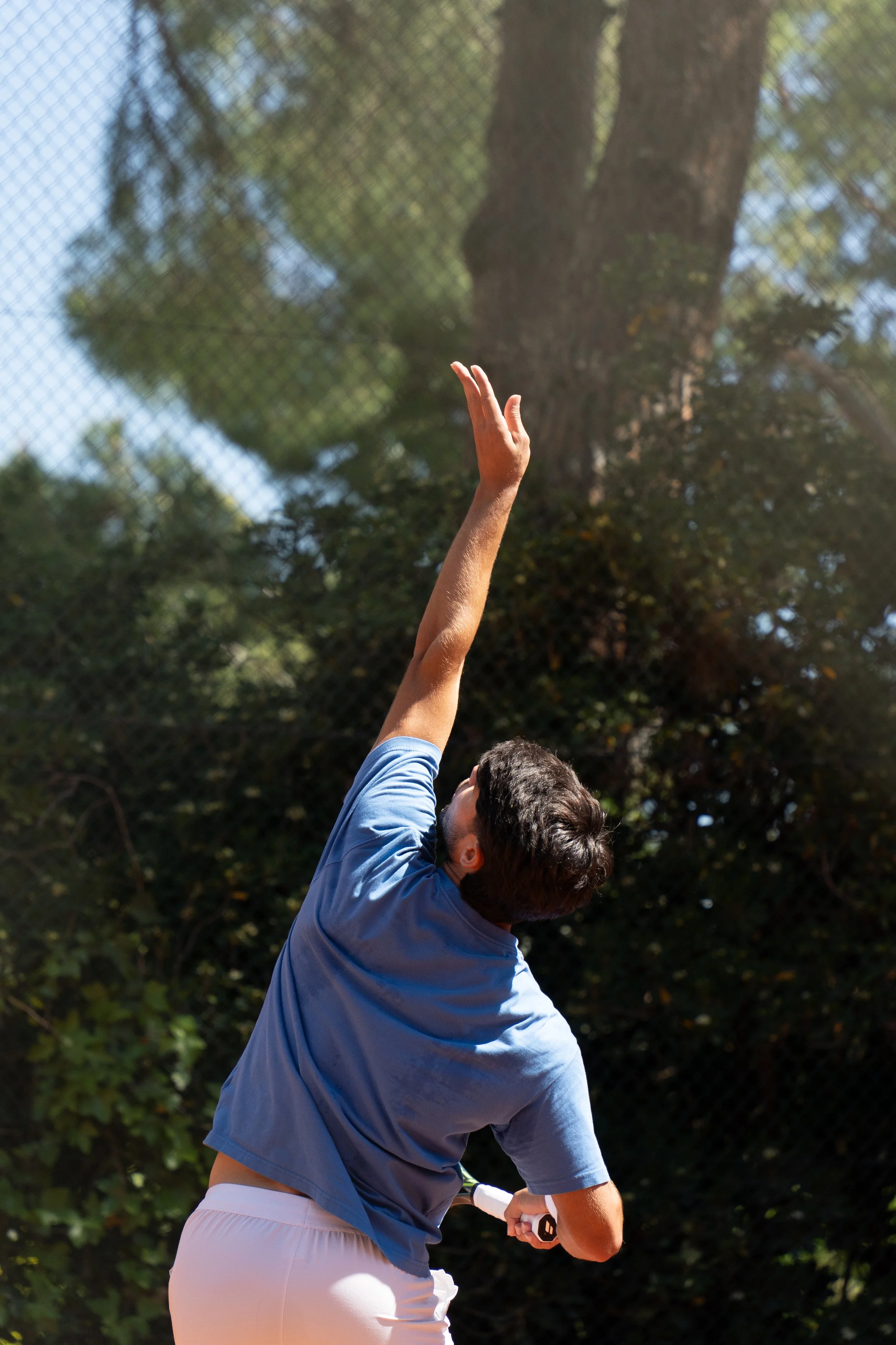 Carlos Alcaraz in a blue shirt and white shorts is preparing to hit a tennis ball, with his right arm extended upward holding a tennis racket. The background shows a tennis court fence and trees.