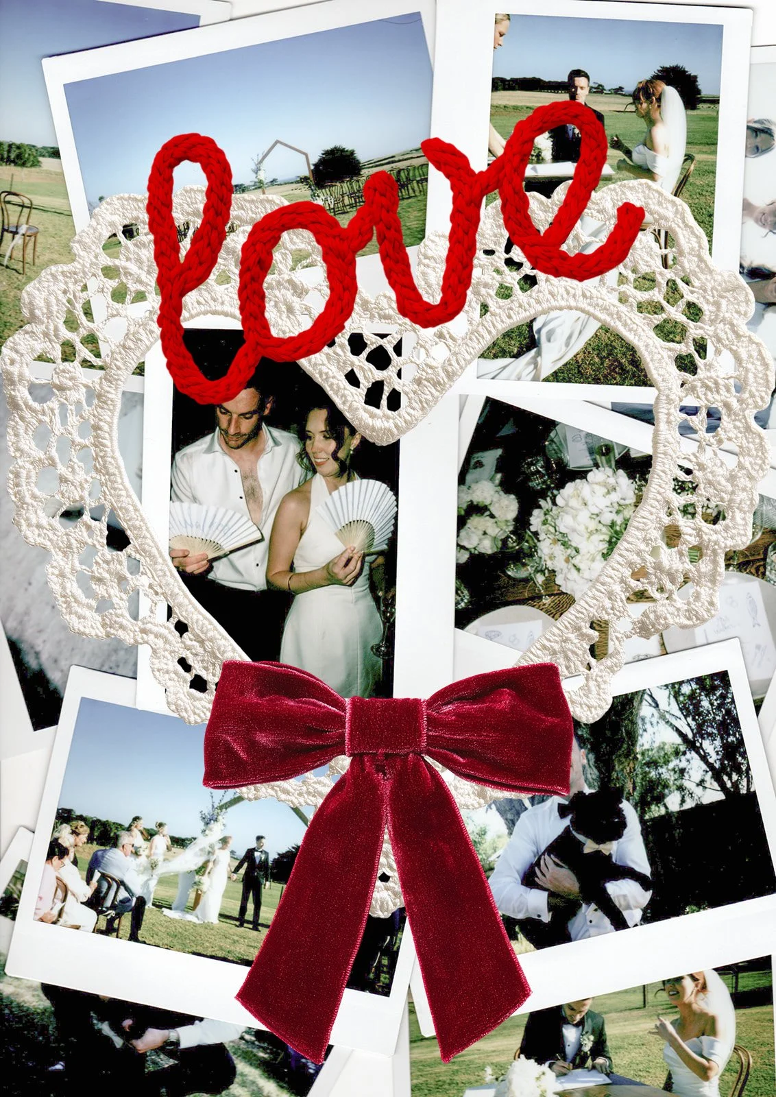 A collage of wedding photos with a lace heart and red ribbon, featuring a bride and groom, guests, and outdoor wedding scenes.