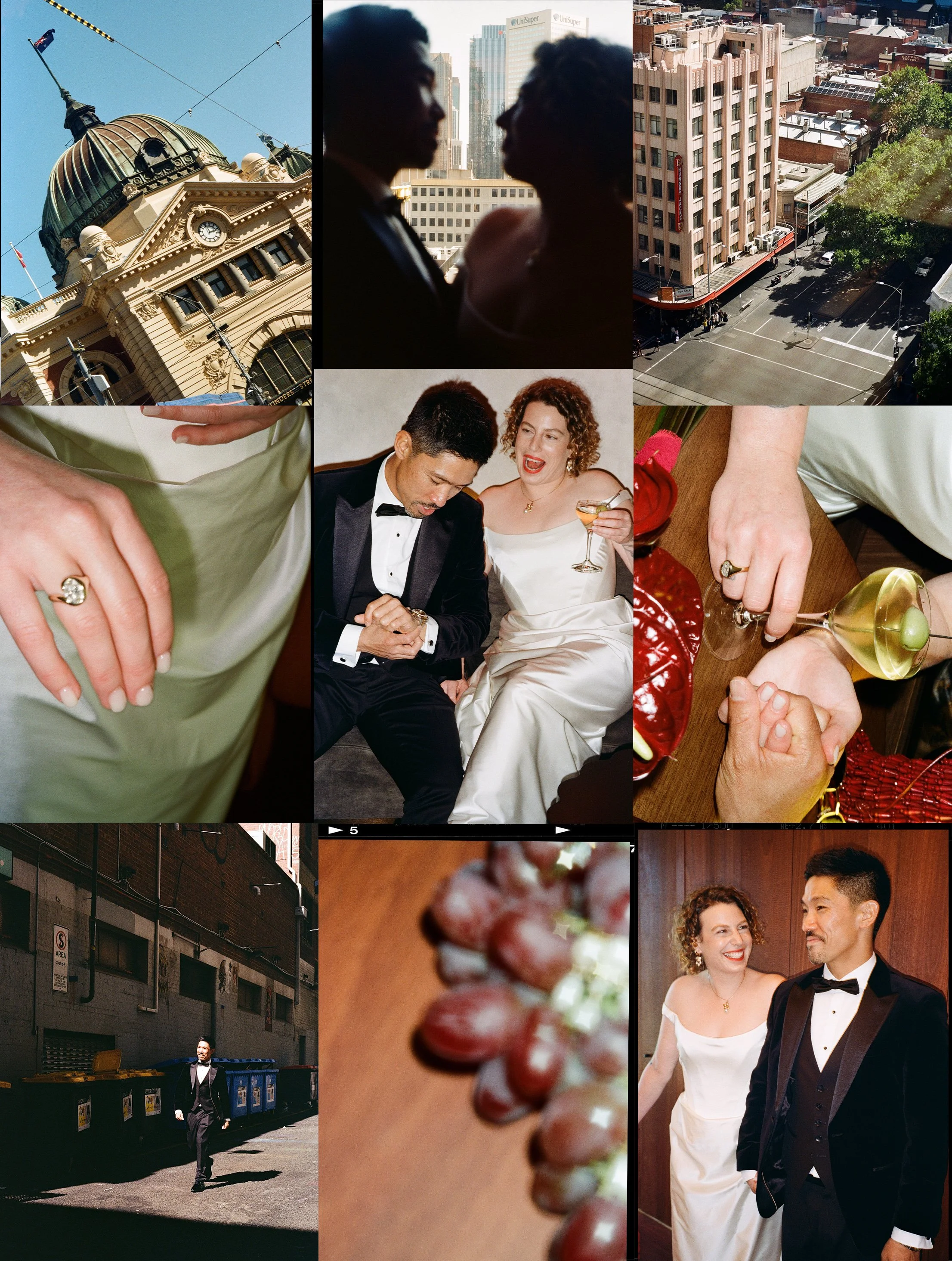 A collage of various scenes including a historic building with a dome and clock, silhouettes of a man and woman at sunset, aerial view of city streets, a man walking near dumpsters, a close-up of a couple holding hands with wedding rings, and a couple dressed in formal attire smiling and walking together.