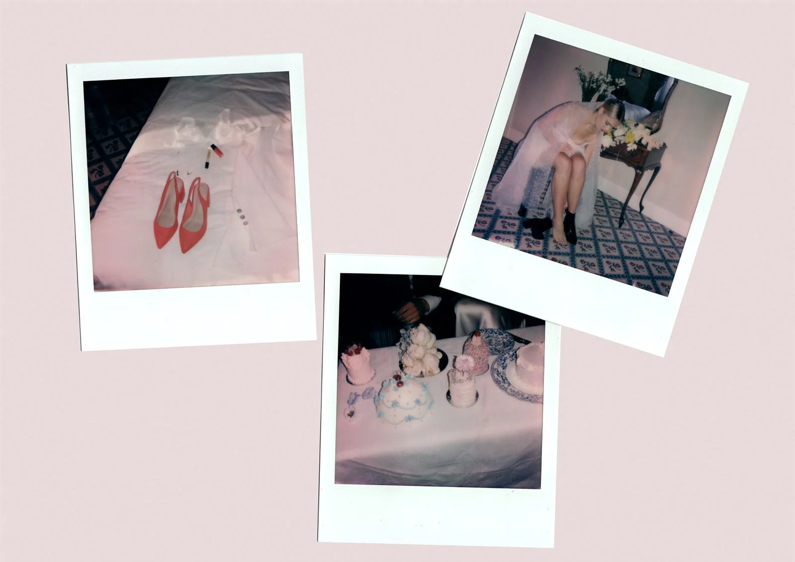 Three Polaroid photos on a light pink background. The first shows pink high-heeled shoes, lipstick, and makeup items on a white bed. The second depicts a woman sitting on a bed in a pink dress with black shoes, next to a small table with a vase of white flowers. The third features a table with various pink and white desserts, including cakes and cupcakes.