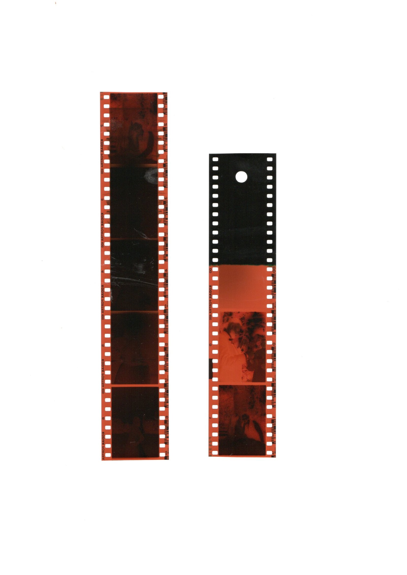 Two strips of photographic film with images and markings, one in red and black tones and the other mainly black and red, placed on a white background.