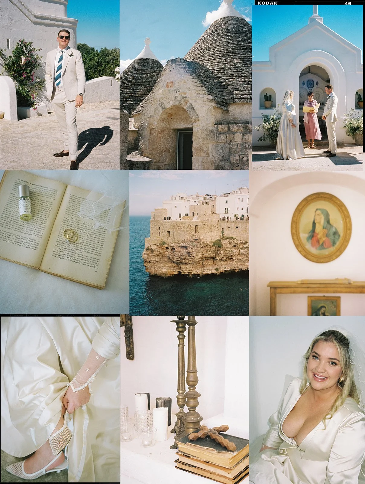 A collage of images featuring a wedding in a Mediterranean or Greek coastal setting, including a man in a white suit, a rocky house with a conical roof, a couple being married outside a white chapel, an open Bible with a ring and a vial of oil, coastal village buildings, religious icons, a bride's hand in a white satin dress, a table with candles and books, and a smiling bride with blonde hair in a white satin dress.