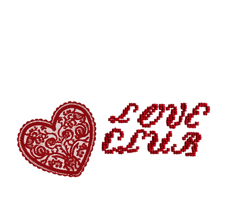 Red embroidered heart next to the words "Love You" written with red embroidery.