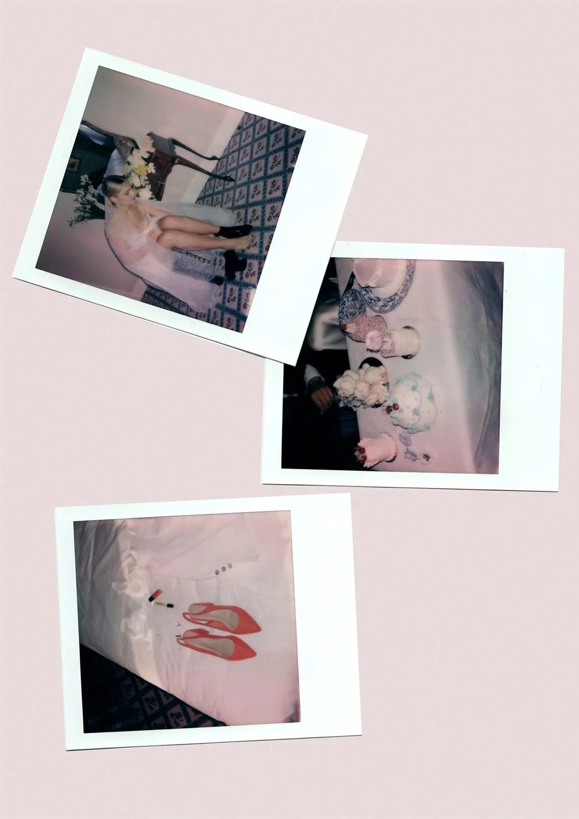 Three polaroid photographs on a pink surface. The top photo shows a woman in a light-colored dress sitting on a chair, with flowers behind her. The middle photo depicts a table with cotton candies, a pink cake, and pink high-heeled shoes on a pink-themed tablecloth. The bottom photo shows a pink paper bag with a pair of pink high-heeled shoes printed on it.