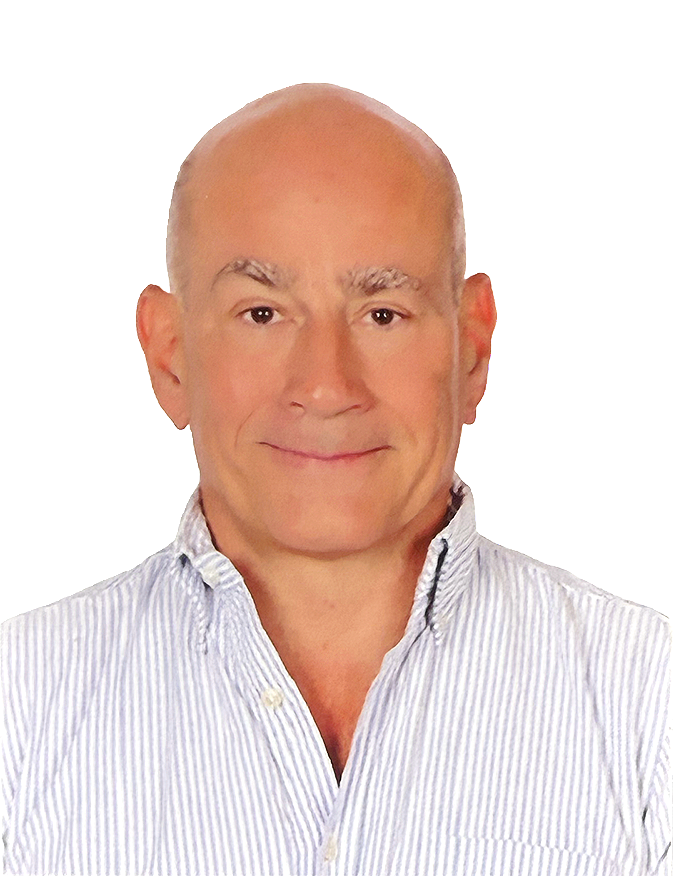A middle-aged man with a bald head, light skin, and gray eyebrows, wearing a white and blue striped button-up shirt, smiling at the camera.