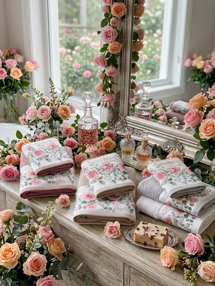 Tessuti decorativi con motivo floreale rosa e foglie, bottiglie di profumo, lucidalabbra e un sapone su una superficie di legno, con un grande specchio e un vaso di fiori rosa e arancioni sullo sfondo