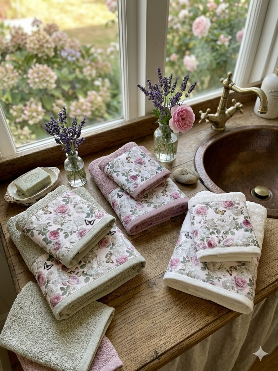 Asciugamani e sapone decorativo su un lavabo in legno, con vasi di lavanda e rosa vicino alla finestra.