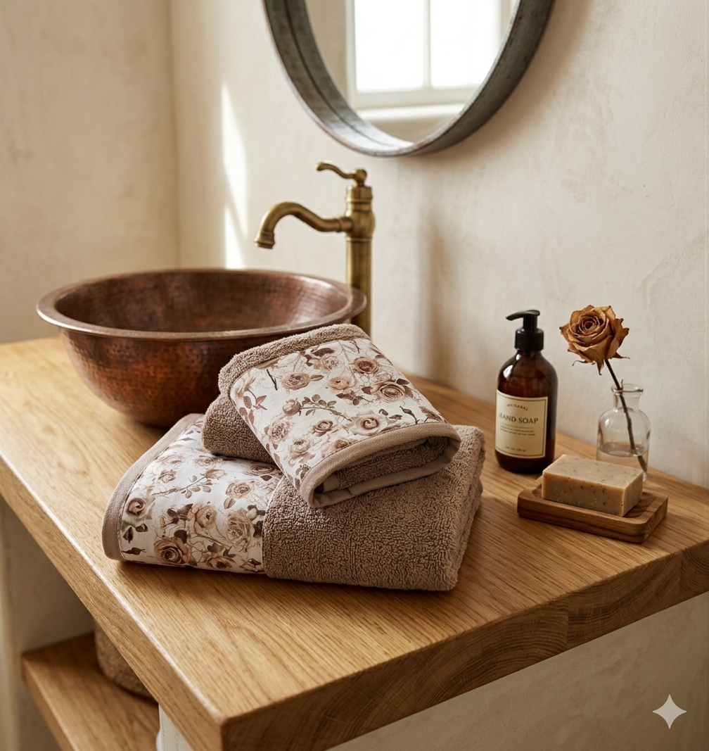 Lavandino in ottone con lavabo in rame, asciugamani con motivo floreale, sapone, sapone per le mani, e un fiore secco in un vasetto di vetro, tutto su un piano in legno.