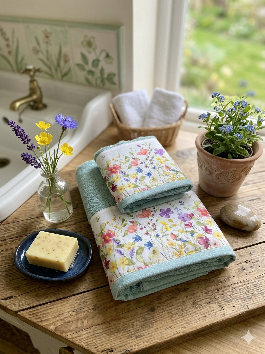 Agende e asciugamani con fiori colorati su tavolo di legno accanto a piante, sapone e vasca da lavabo in cucina o bagno.