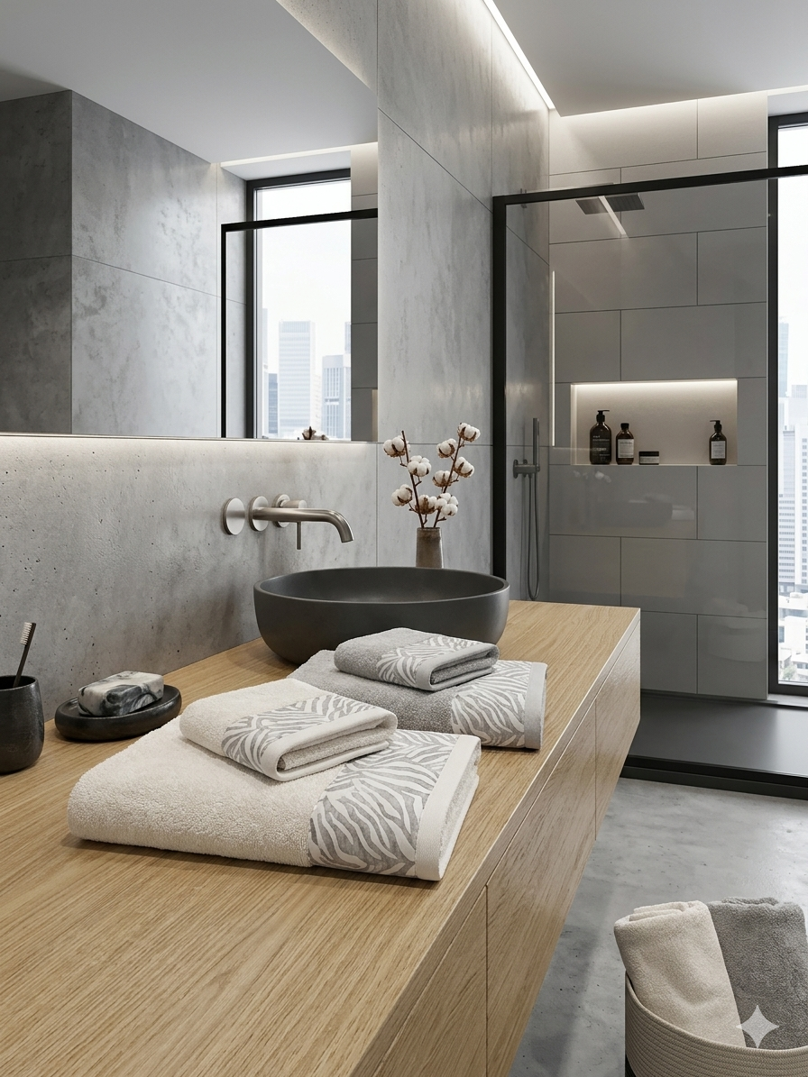 Bagno moderno con lavabo tondo nero, asciugamani bianchi e grigi con motivo animalier, vaso con fiori secchi, pareti in pietra e grande finestra con vista sulla città.
