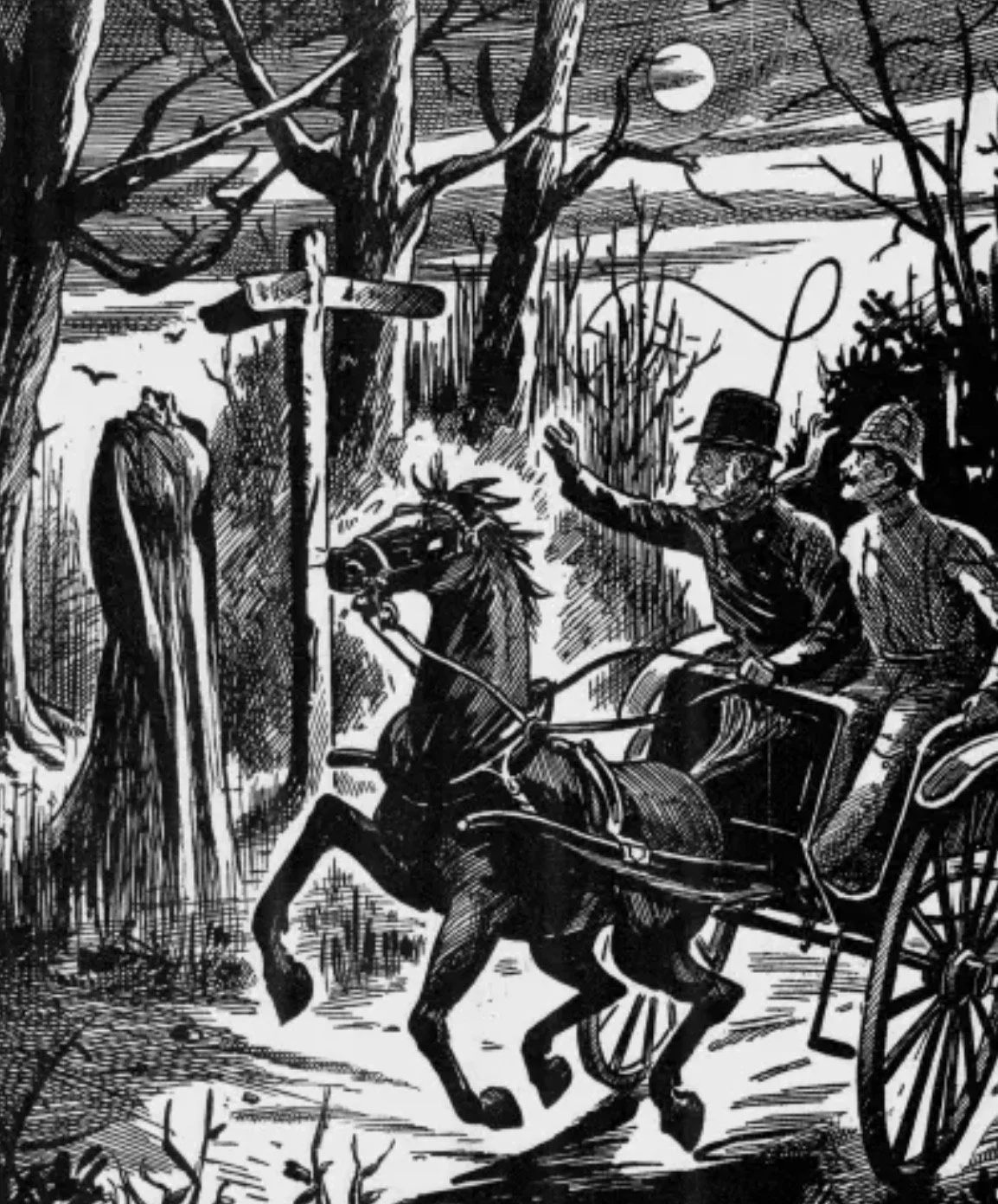 A black and white image in the style of an etching depicting a headless ghost haunting a carriage driver
