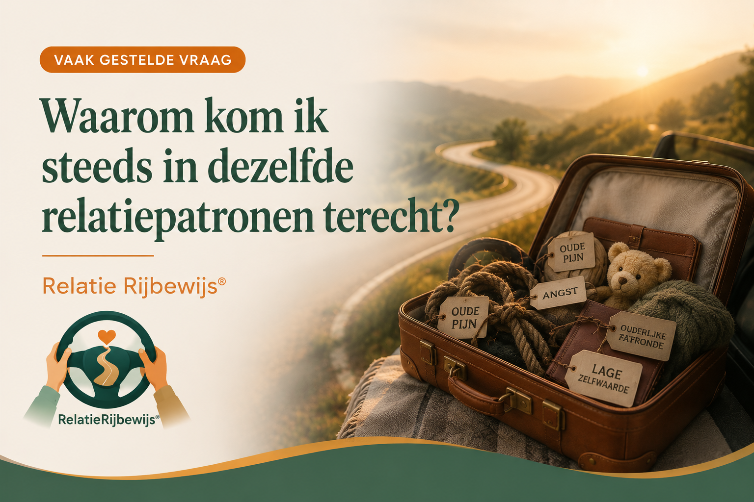 Illustratie bij de veelgestelde vraag 'Waarom kom ik steeds in dezelfde relatiepatronen terecht?' over zelfkennis, bewustwording en terugkerende relatiepatronen binnen het Relatie Rijbewijs®.